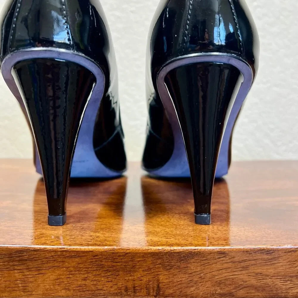 Donald J Pliner Heels Black Patent Leather Slip On Peep Toe Pump Shoe size 9M